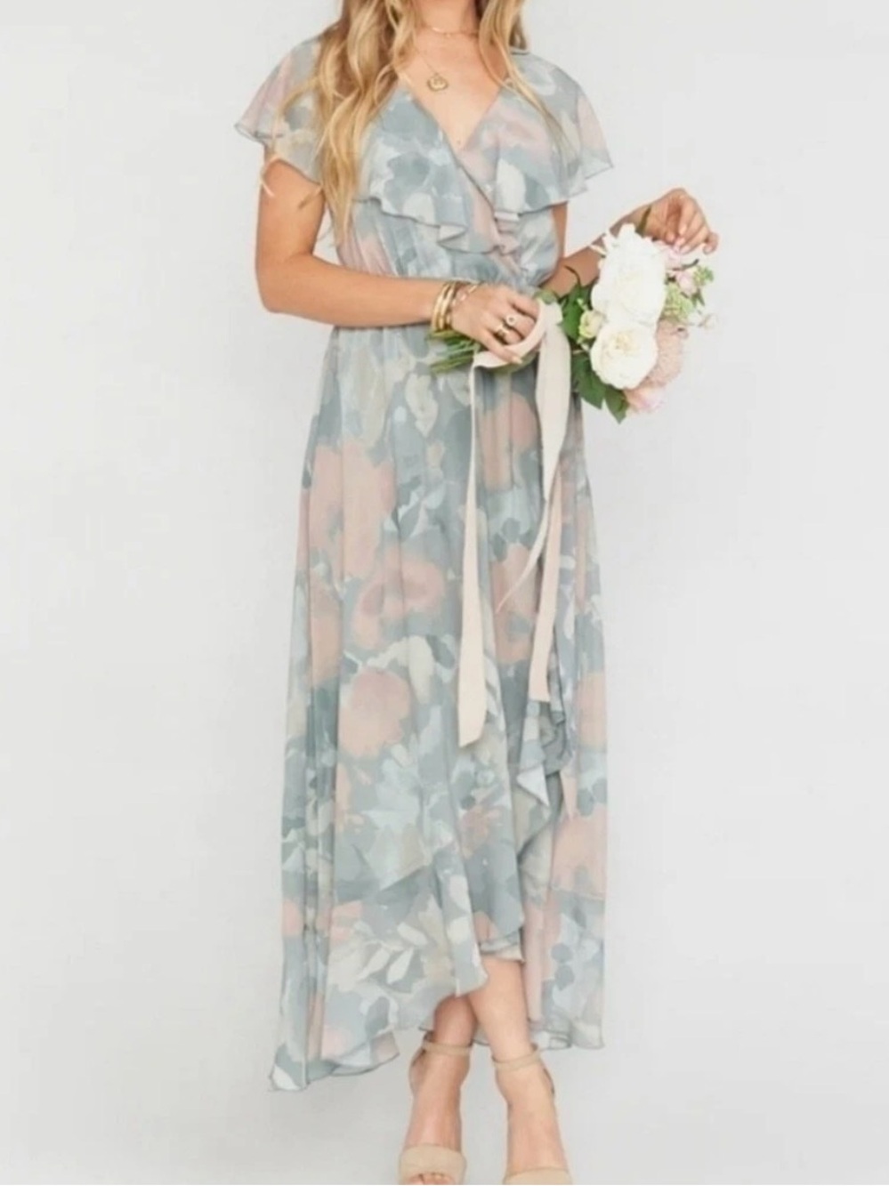 Show Me Your Mumu Jess Ruffle Midi Dress Size XL Sage Pink Watercolor Floral